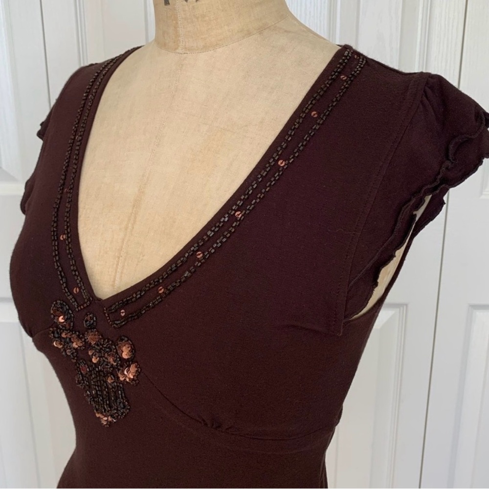 RW&Co. Embellished Deep V Chocolate Brown Dress